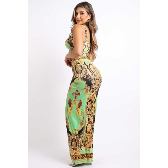 Women's Printed Sleeveless Crop Top And Matching Flare Pants Party Outfit Set - Picture 8 of 13